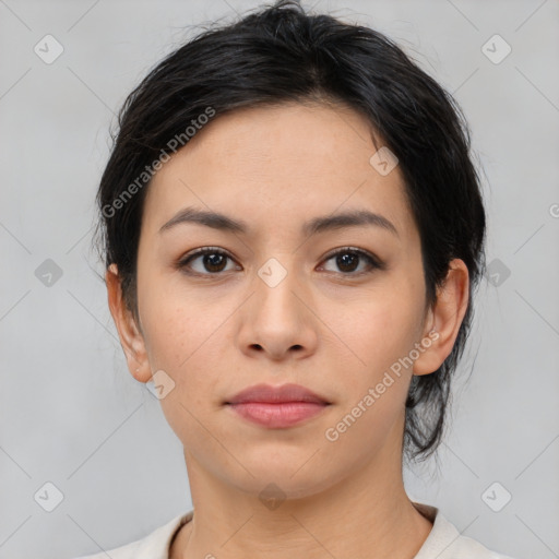 Neutral asian young-adult female with medium  brown hair and brown eyes