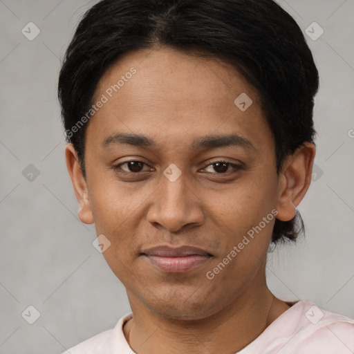 Joyful latino young-adult female with short  brown hair and brown eyes
