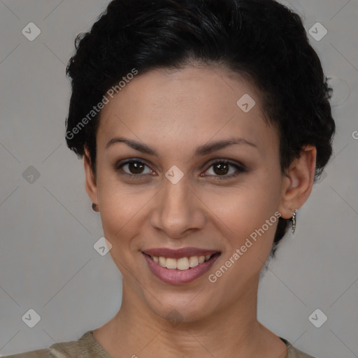 Joyful latino young-adult female with short  brown hair and brown eyes