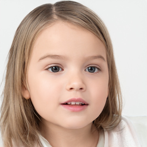 Neutral white child female with medium  brown hair and blue eyes