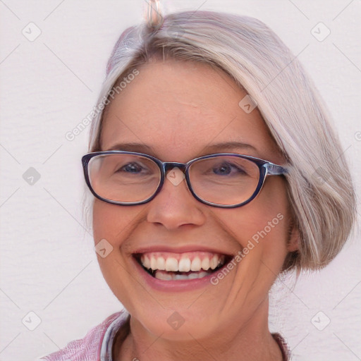 Joyful white adult female with medium  brown hair and blue eyes