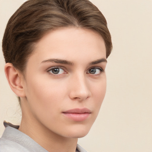 Neutral white young-adult female with short  brown hair and brown eyes