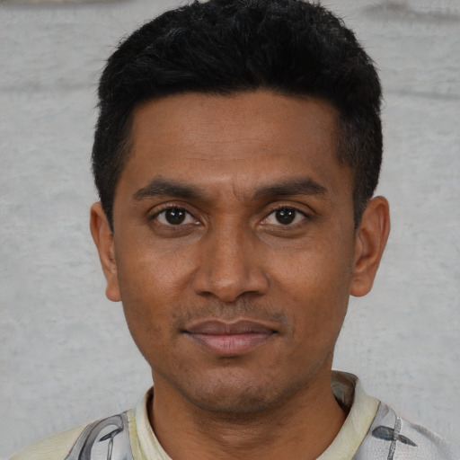 Neutral latino young-adult male with short  black hair and brown eyes