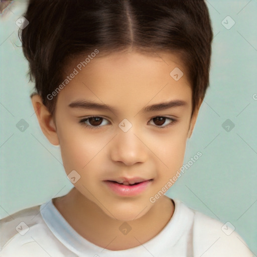 Joyful white child female with short  brown hair and brown eyes