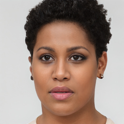 Neutral black young-adult female with short  brown hair and brown eyes