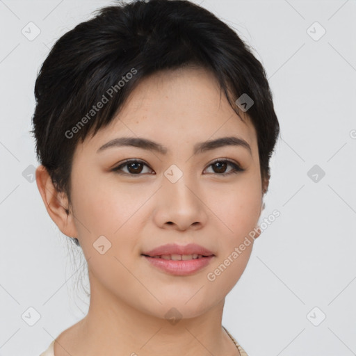 Joyful asian young-adult female with short  black hair and brown eyes