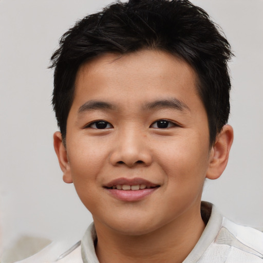 Joyful asian child male with short  brown hair and brown eyes