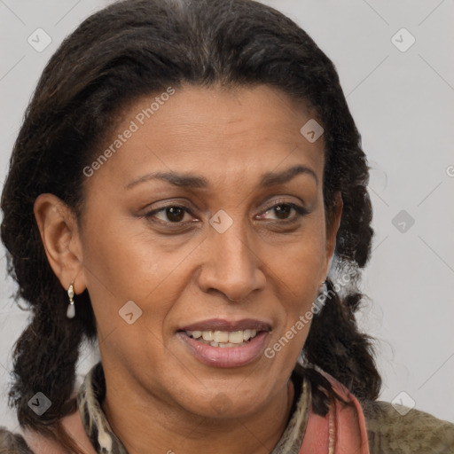 Joyful black adult female with medium  brown hair and brown eyes