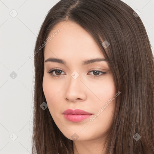 Neutral white young-adult female with long  brown hair and brown eyes