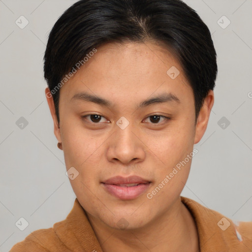 Joyful asian young-adult female with short  brown hair and brown eyes