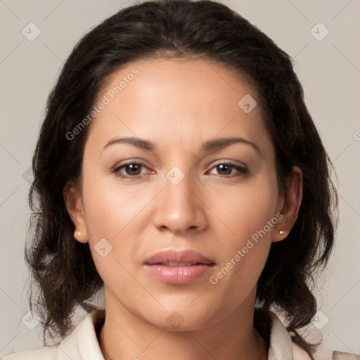 Neutral white young-adult female with medium  brown hair and brown eyes