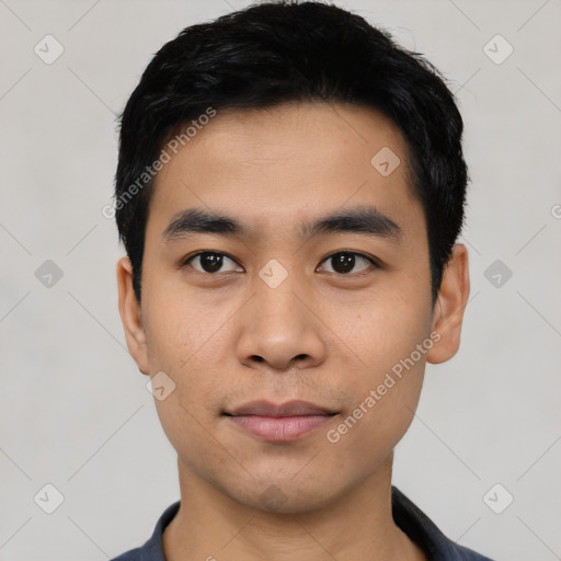 Neutral asian young-adult male with short  black hair and brown eyes