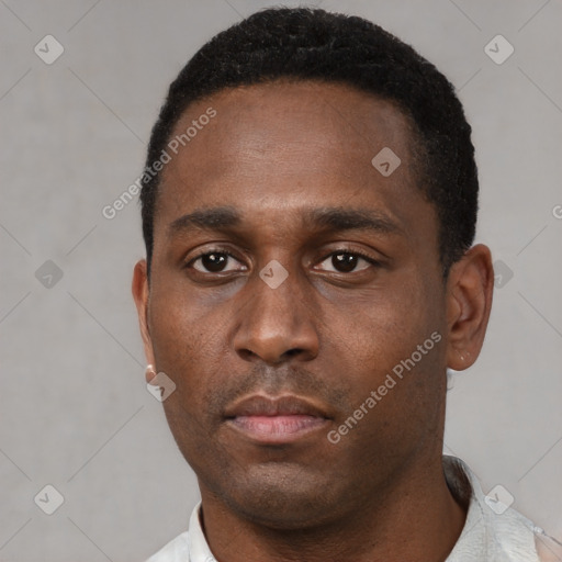 Neutral black young-adult male with short  black hair and brown eyes