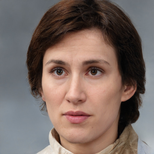 Neutral white young-adult female with medium  brown hair and brown eyes