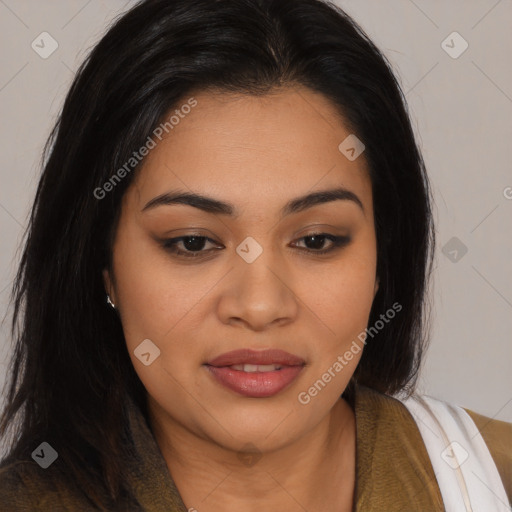 Joyful latino young-adult female with long  brown hair and brown eyes