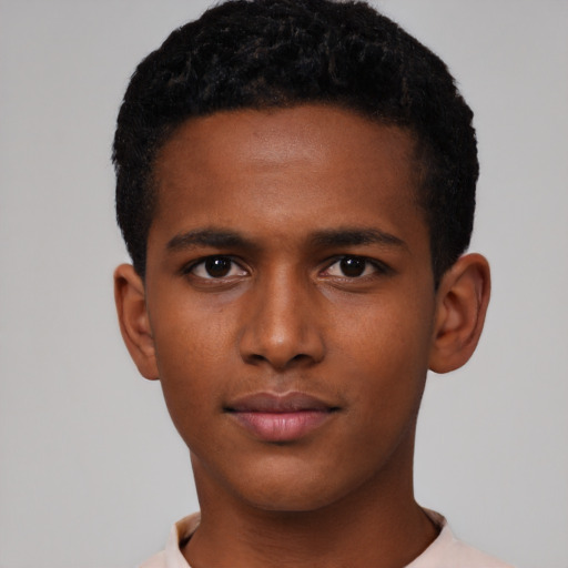 Neutral black young-adult male with short  black hair and brown eyes