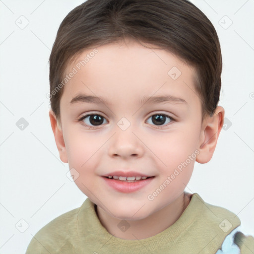 Joyful white child female with short  brown hair and brown eyes