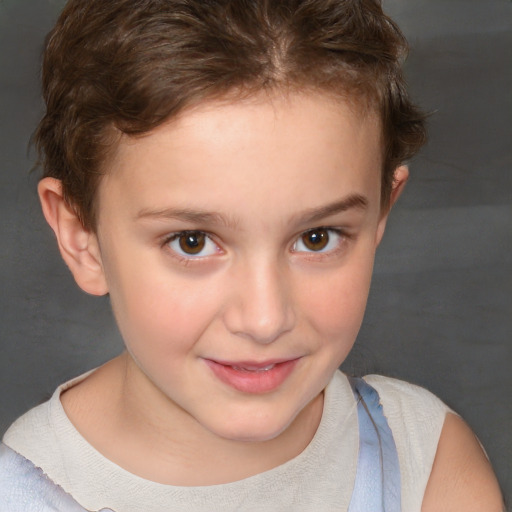 Joyful white child female with short  brown hair and brown eyes