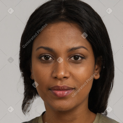 Joyful asian young-adult female with medium  black hair and brown eyes