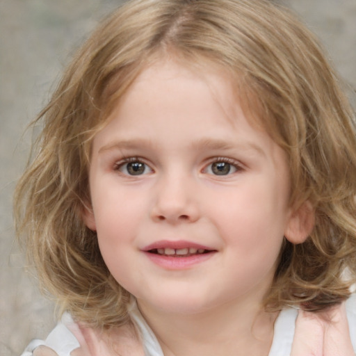 Joyful white child female with medium  brown hair and blue eyes