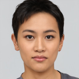 Neutral asian young-adult female with short  black hair and brown eyes