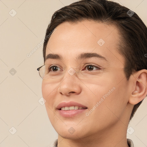 Joyful white young-adult female with short  brown hair and brown eyes