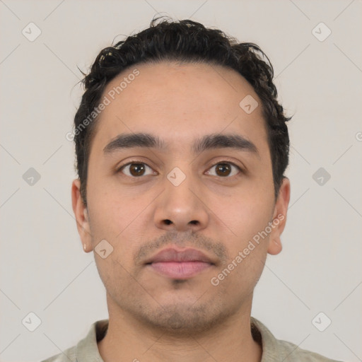 Neutral latino young-adult male with short  black hair and brown eyes