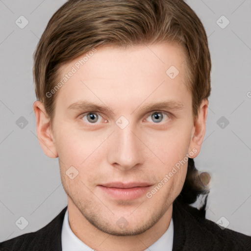 Neutral white young-adult male with short  brown hair and grey eyes