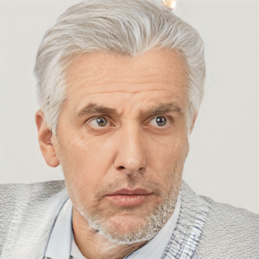 Neutral white middle-aged male with short  gray hair and brown eyes