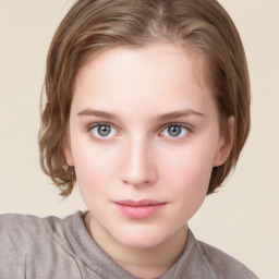 Neutral white young-adult female with medium  brown hair and grey eyes