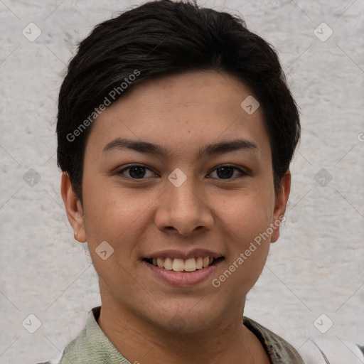 Joyful asian young-adult female with short  black hair and brown eyes