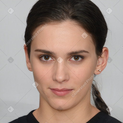 Neutral white young-adult female with short  brown hair and brown eyes