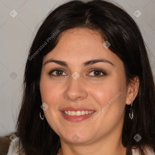 Joyful white young-adult female with medium  brown hair and brown eyes