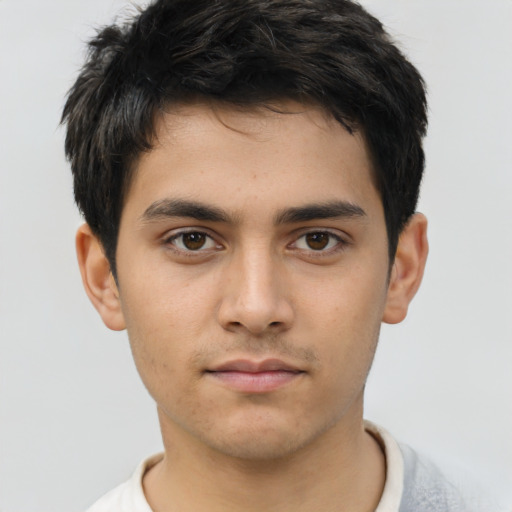 Neutral asian young-adult male with short  brown hair and brown eyes