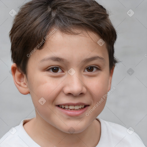 Joyful white child female with short  brown hair and brown eyes