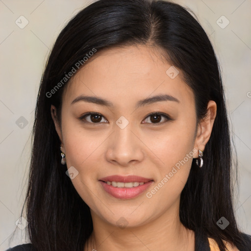 Joyful white young-adult female with long  brown hair and brown eyes