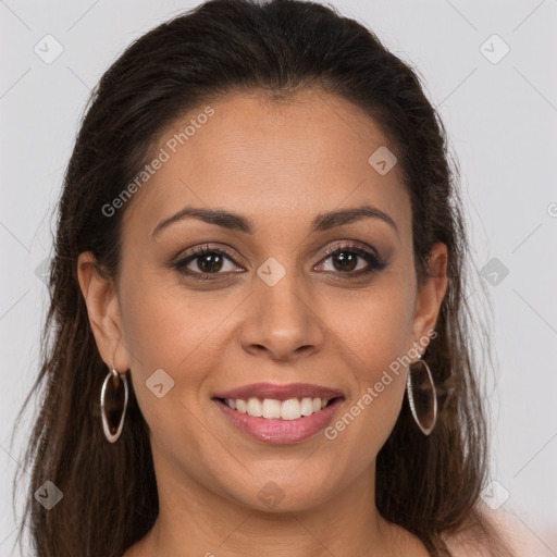 Joyful white young-adult female with long  brown hair and brown eyes