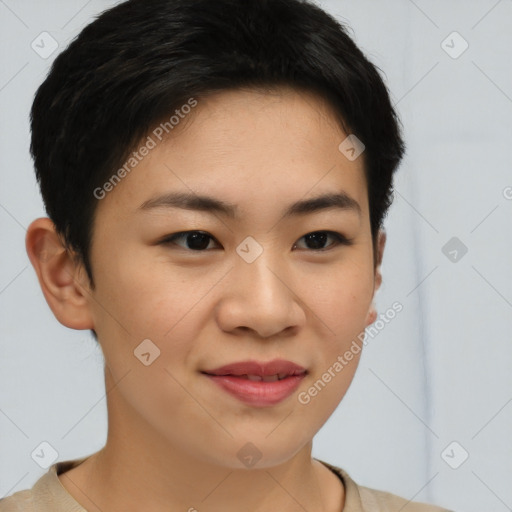 Joyful asian young-adult female with short  brown hair and brown eyes