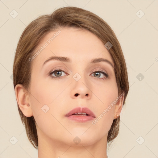 Neutral white young-adult female with medium  brown hair and brown eyes