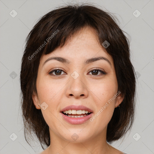 Joyful white young-adult female with medium  brown hair and brown eyes