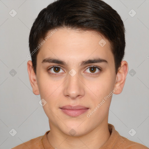 Neutral white young-adult male with short  brown hair and brown eyes