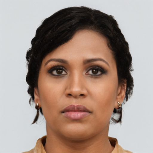 Neutral latino young-adult female with medium  black hair and brown eyes