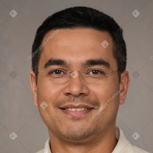 Joyful white adult male with short  black hair and brown eyes