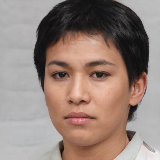 Neutral asian young-adult female with short  brown hair and brown eyes