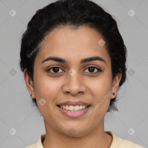 Joyful latino young-adult female with short  brown hair and brown eyes