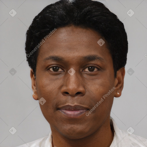 Neutral black young-adult male with short  black hair and brown eyes