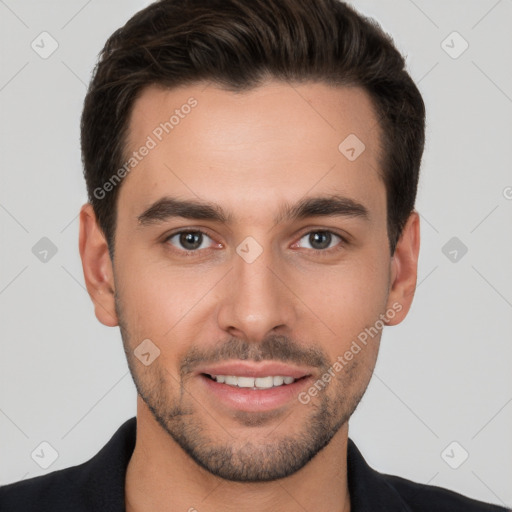 Joyful white young-adult male with short  brown hair and brown eyes