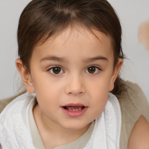 Joyful white child female with medium  brown hair and brown eyes