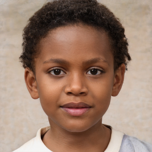Joyful black child female with short  brown hair and brown eyes