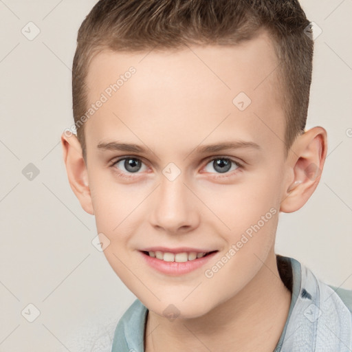 Joyful white child male with short  brown hair and brown eyes